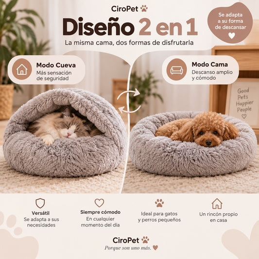 CiroPet CozyNest™ – Cama 2 en 1 para Gatos y Perros Pequeños
