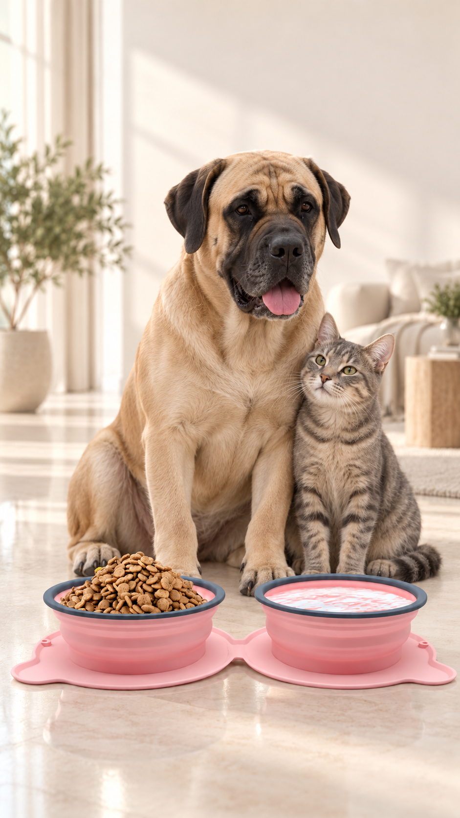 Perro y gato junto al comedero Ciro Pet